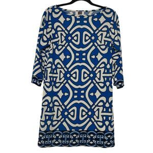 Laundry‎ by Design Blue Geometric Print Dress Womens SZ 2 Mod Retro Shift Preppy
